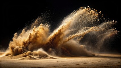 Dry river sand explosion with brown color sand splash against black background, sand, explosion, dry, river, brown, color
