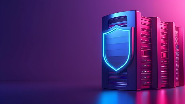 Secure server with neon shield icon against colorful background, symbolizing data protection and cybersecurity in technology.