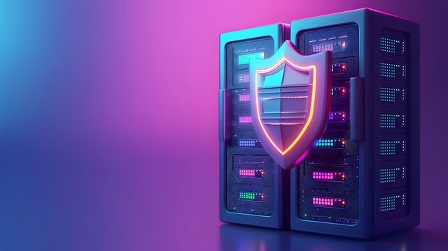 Secure server with neon shield symbolizing cybersecurity on gradient background, representing data protection and digital security.