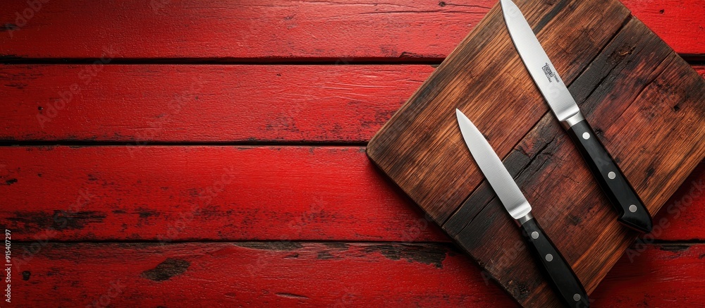 Poster Empty cutting board and knife on a red wooden table for showcasing products Top view. with copy space image. Place for adding text or design