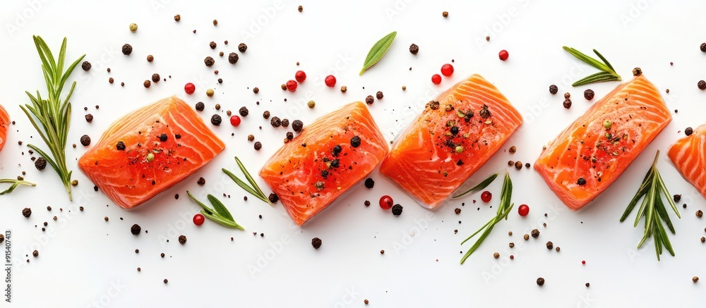 Leinwandbilder slice of salmon with peppercorn and rosemary set against a white background. with copy space image. 