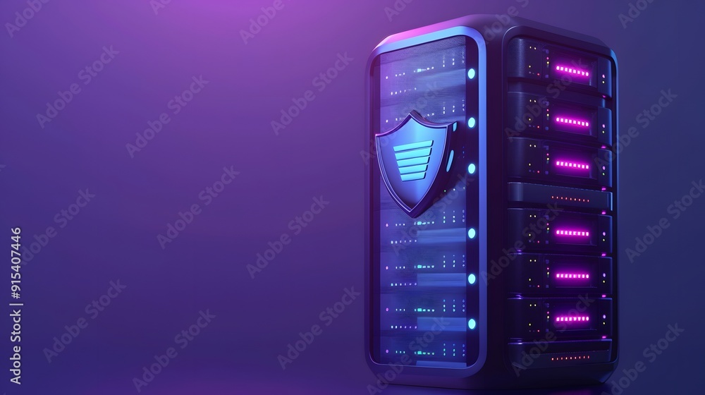 Poster server rack with illuminated security shield in a data center, symbolizing cyber security and data p