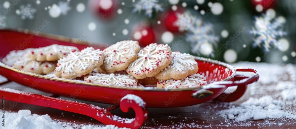 Aufkleber Small red vintage sled loaded with Christmas cookies. with copy space image. Place for adding text or design