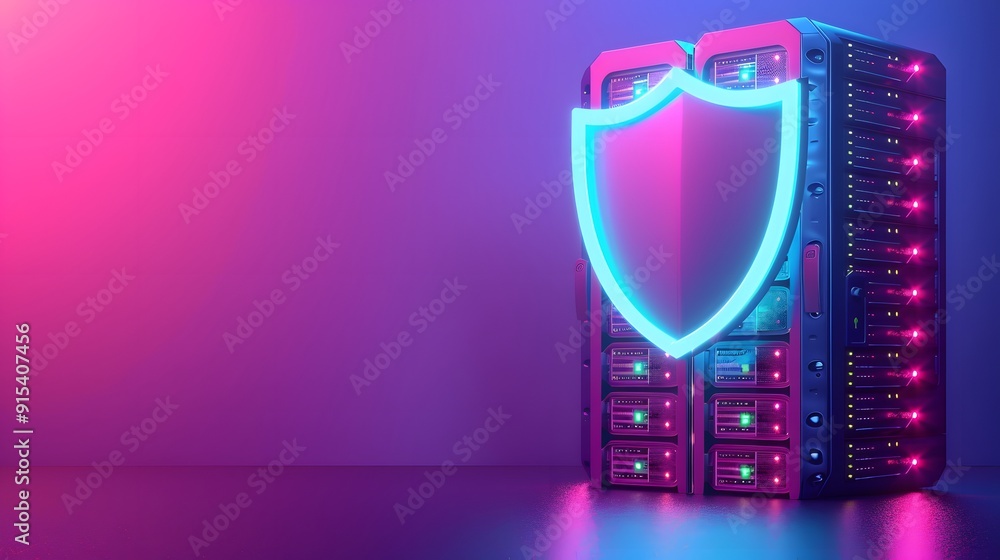 Poster server rack with glowing shield icon, symbolizing cybersecurity, data protection, and secure data st