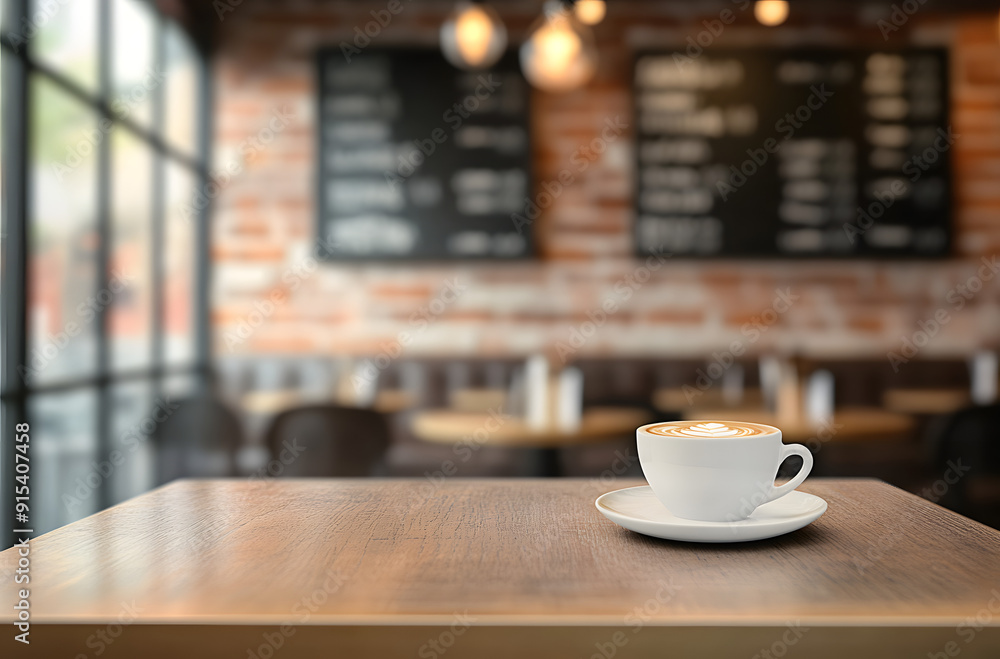 Sticker Empty coffee table over defocused coffee shop background with copy space