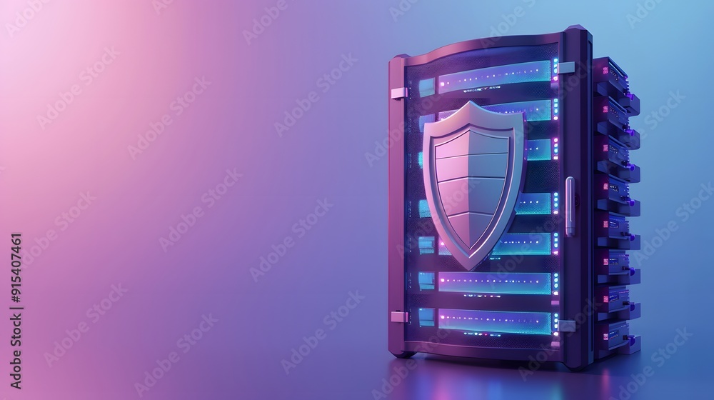 Poster server rack with shield icon representing cybersecurity and data protection. futuristic tech concept