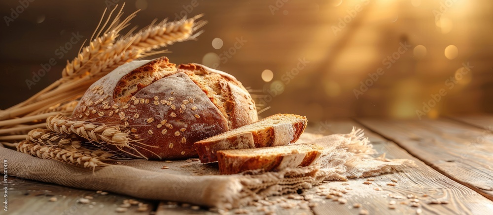 Poster baked bread on a wooden table backdrop. with copy space image. place for adding text or design