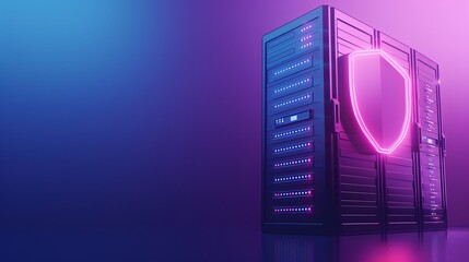 Fototapeta premium Server rack with glowing shield, symbolizing cybersecurity and data protection in vibrant neon colors.