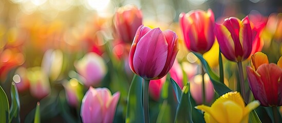 Tulips set against a background of a cloudy sky. with copy space image. Place for adding text or design