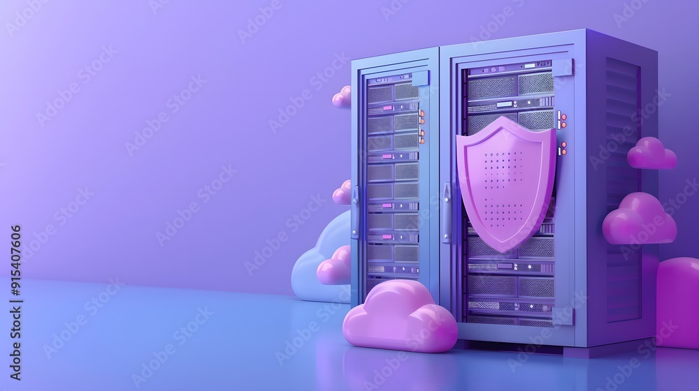 Poster server racks with a shield symbolizing data security and cloud computing on a purple background. con