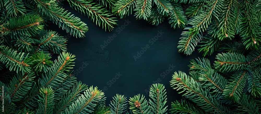 Poster Top view of a fir tree frame set against a colorful background with copy space Merry Christmas theme