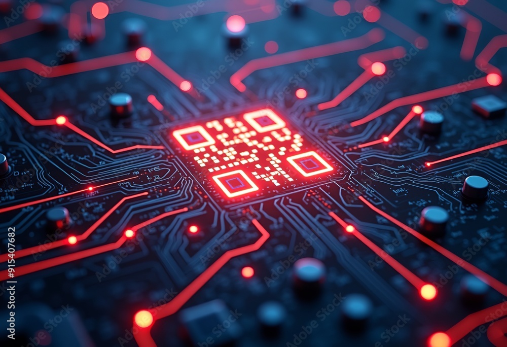 Poster neon qr code on circuit board: representing digital age and technology