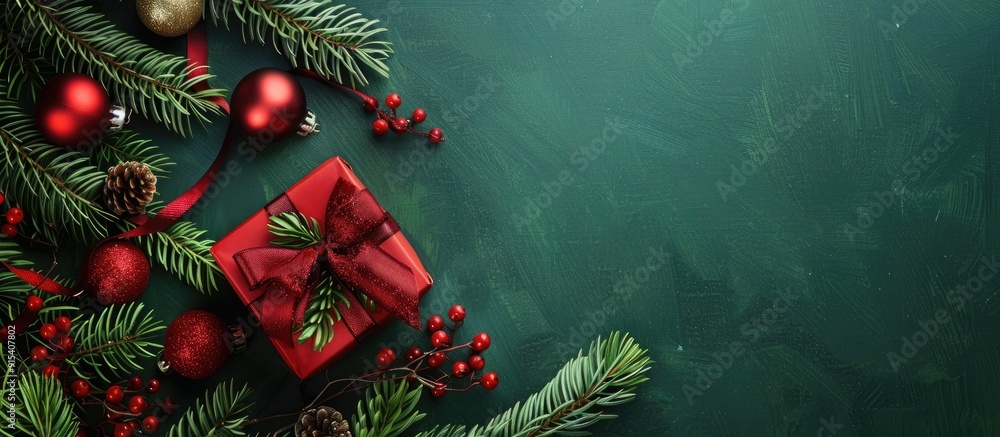 Poster christmas gift box adorned with red decorations and a fir tree branch on a green background top view