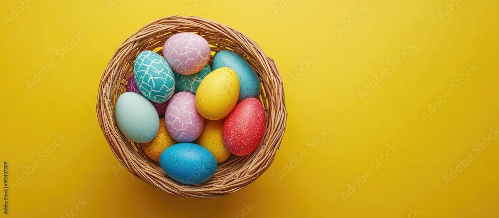 Aufkleber easter traditions brightly colored easter eggs in a basket on a yellow background top view with copy