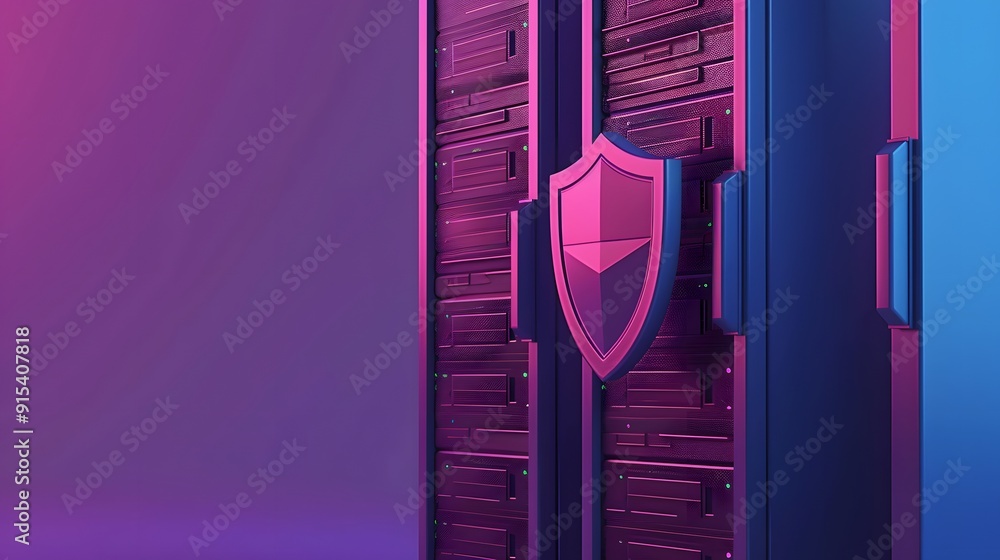 Poster server with a shield emblem symbolizing data security and protection in a modern it environment with