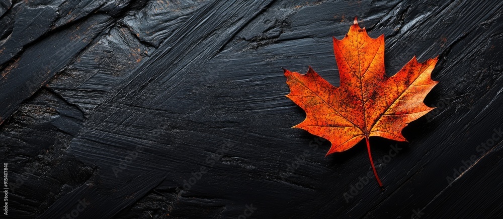 Aufkleber autumn leaf on a black wood painted background autumn hues. with copy space image. place for adding 