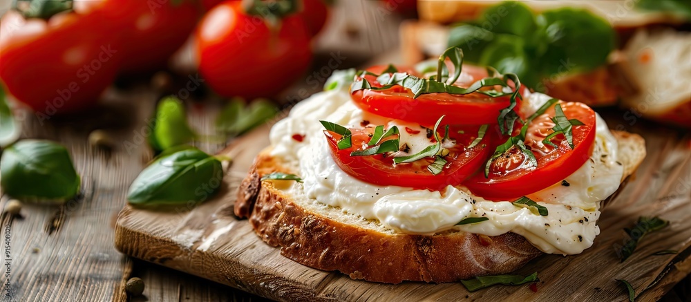 Poster mascarpone cheese spread on french bread accompanied by tomato juice. with copy space image. place f