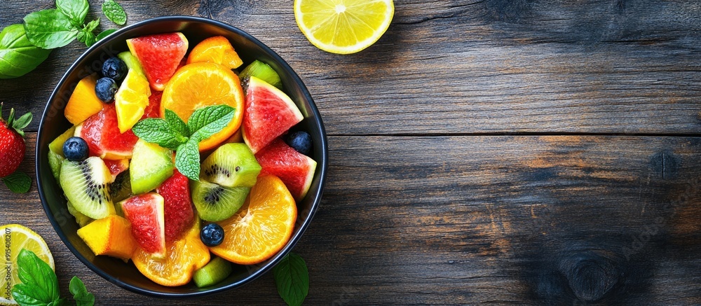 Poster Tasty exotic fruit salad and components on a wooden table. with copy space image. Place for adding text or design
