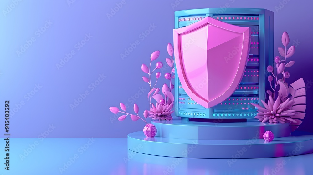 Poster stylized image of data protection, featuring a pink shield in front of a server, set against a moder