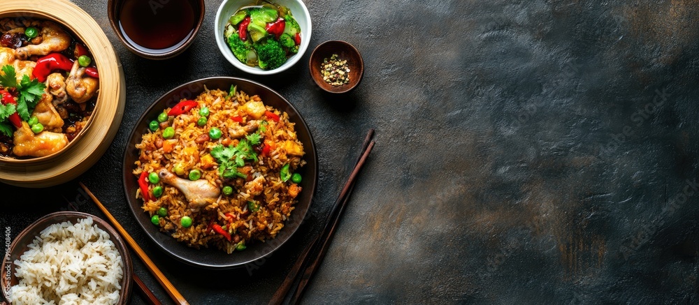 Poster chinese cuisine including fried rice and chicken accompanied by tea. with copy space image. place fo