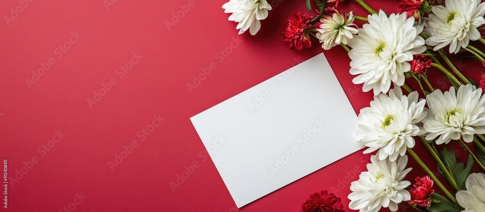 Poster A blank card featuring fresh flowers against a red background. with copy space image. Place for adding text or design