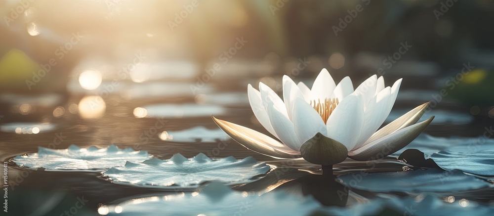 Poster White lotus flower or water lily illuminated by morning sunlight in the background. with copy space image. Place for adding text or design