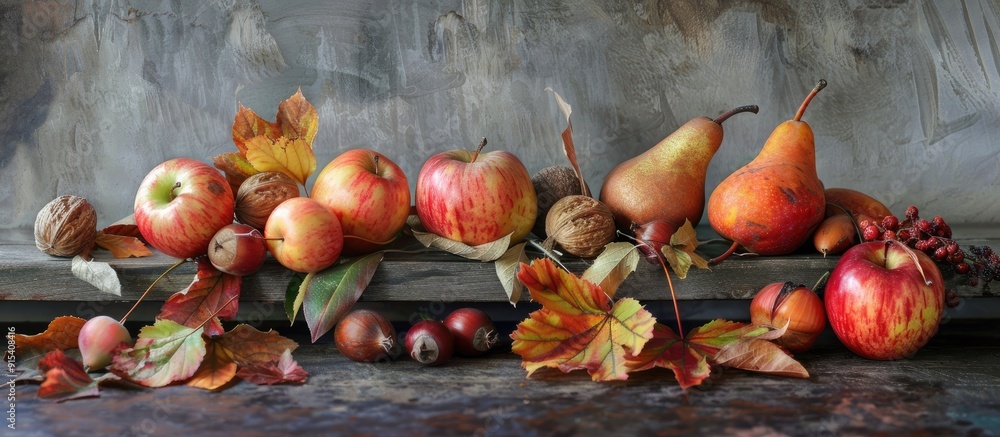 Poster Autumn still life from above Apples pears fallen leaves and chestnuts on a gray backdrop. with copy space image. Place for adding text or design