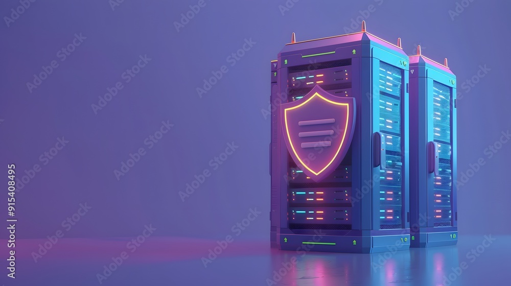 Poster two server racks with neon shield icon representing cybersecurity and data protection, illuminated i