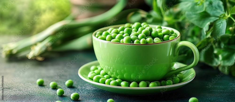 Leinwandbilder A cup filled with fresh garden peas on a green saucer accompanied by small peas and green pea pods in the background. with copy space image. Place for adding text or design