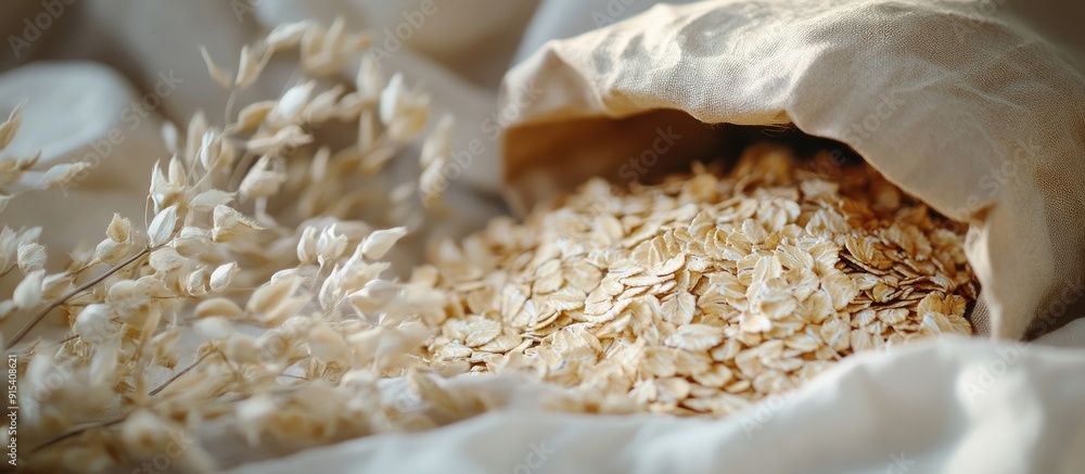 Poster dry natural oat flakes oatmeal in an eco friendly paper bag natural linen backdrop featuring the eco
