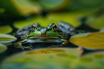 Fototapeta premium Frog on a water lilly on a lake in special nature reserve. Generative Ai