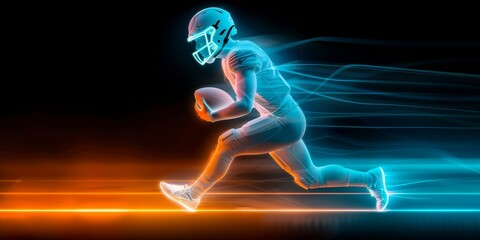 Fototapeta premium Neon Blue and Orange American Football Player Running with Ball