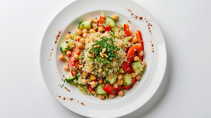 a white plate with a quinoa salad, featuring red bell peppers, cucumber, chickpeas, and a sprinkle of toasted pine nuts, set against a simple white background