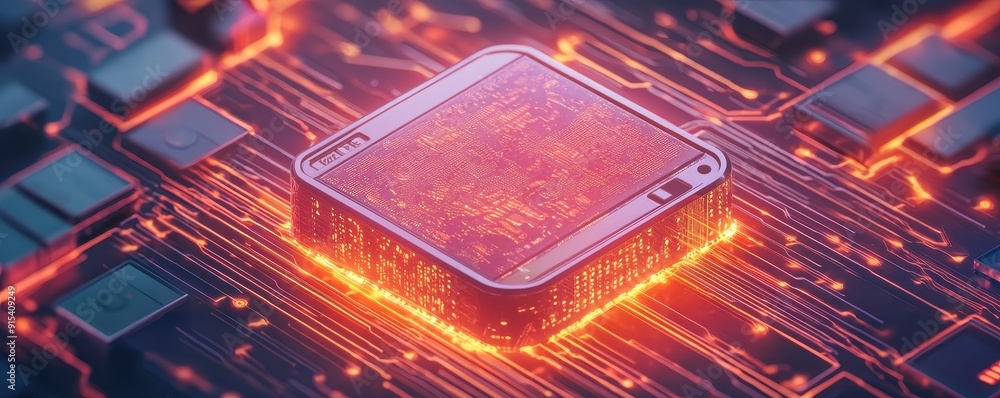 Poster a close-up view of a glowing computer chip surrounded by electronic circuits. perfect for technology