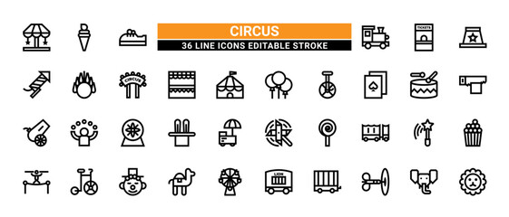 36 Circus Line Icons Set Pack Editable Stroke Vector Illustration. © nokdian
