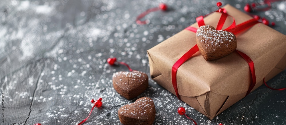 Poster gift box featuring a heart and heart shaped cookies on a gray concrete backdrop wrapped in kraft pap