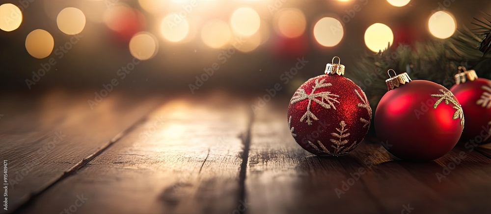 Poster Christmas ornaments on a wooden surface. with copy space image. Place for adding text or design