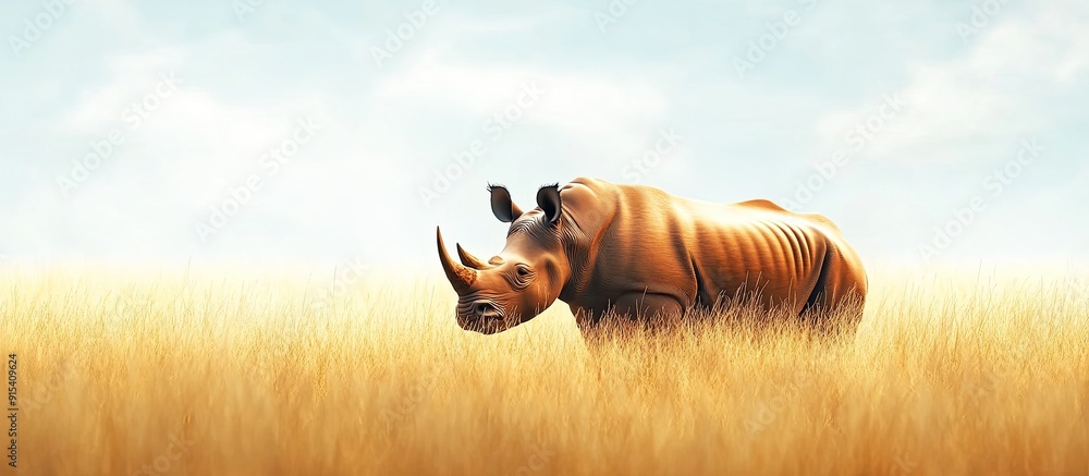 Poster black rhinoceros feeding on the savanna. with copy space image. place for adding text or design