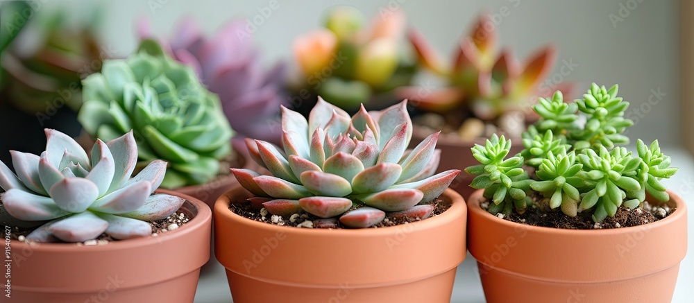 Poster mini pots of blooming houseplant succulents on a white background. with copy space image. place for 