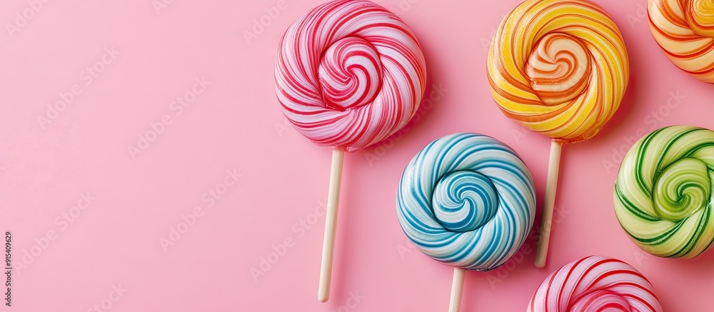 Poster Top view of brightly colored swirl lollipops on wooden sticks set against a pink background. with copy space image. Place for adding text or design