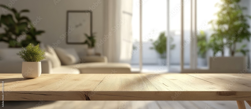 Poster Wooden table in front of a blurred minimal Scandinavian living room ideal for showcasing advertising products. with copy space image. Place for adding text or design