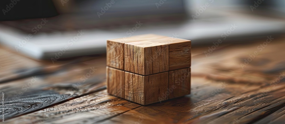 Wall mural plain wooden cube on a laptop selective focus on the wooden cube block on the laptop keyboard. with 