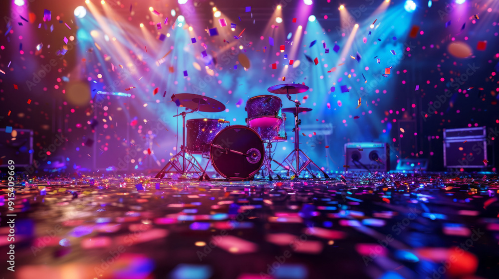 Poster a stage with a drum set and a crowd of confetti