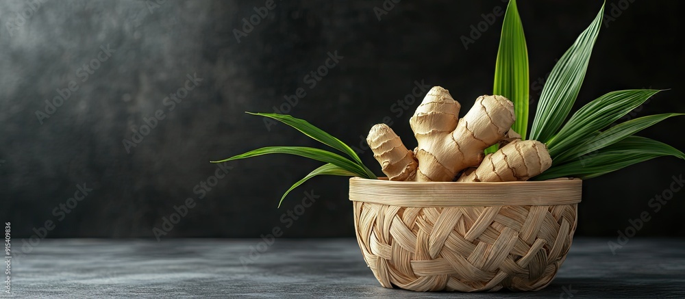 Leinwandbilder japanese ginger in a bamboo basket. with copy space image. place for adding text or design