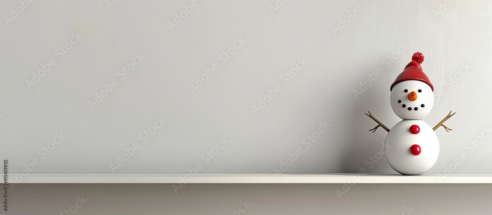 Poster A humorous wooden snowman featuring a red nose and a hat is placed on a shelf against an off white backdrop with some empty space above. with copy space image. Place for adding text or design