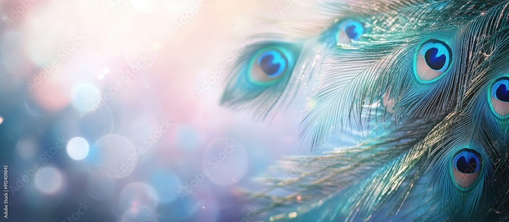 Poster Peacock feathers with a blurred background and text copy space