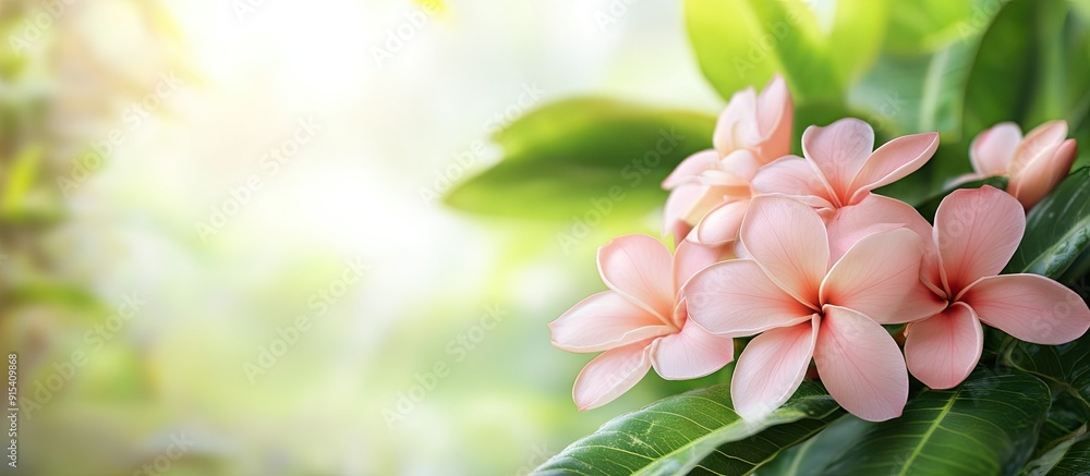 Poster pink frangipani blossoms accompanied by green leaves and a blurred backdrop. with copy space image. 