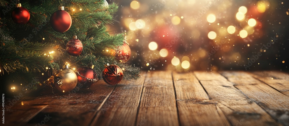 Poster christmas tree and decorations on a wooden surface new year baubles on wood wooden table xmas adornm