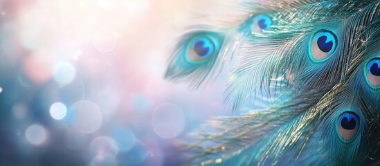 Obraz premium Peacock feathers with a blurred background and text copy space