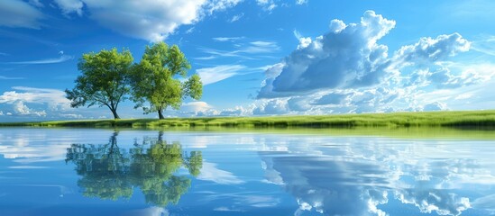 Vibrant summer holiday park backdrop featuring green grass beneath a blue sky and crisp clouds mirrored on the water with copy space available